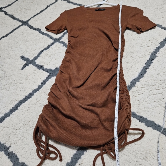 Zara Copper Brown Ribbed Side Tie Short Sleeves Mini Dress Size Small - Picture 8 of 9